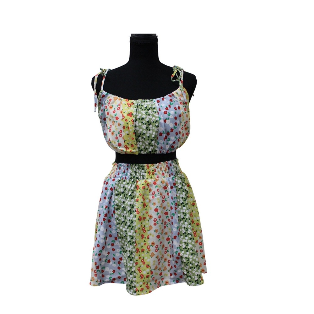 Blue Blush Floral Patchwork 2 Piece Cropped Mini Set Medium Multicolor Tie Strap